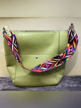 NWOT Bromen Vegan Leather Hobo Bucket Bag  Purse Green Multi Color Guitar Strap